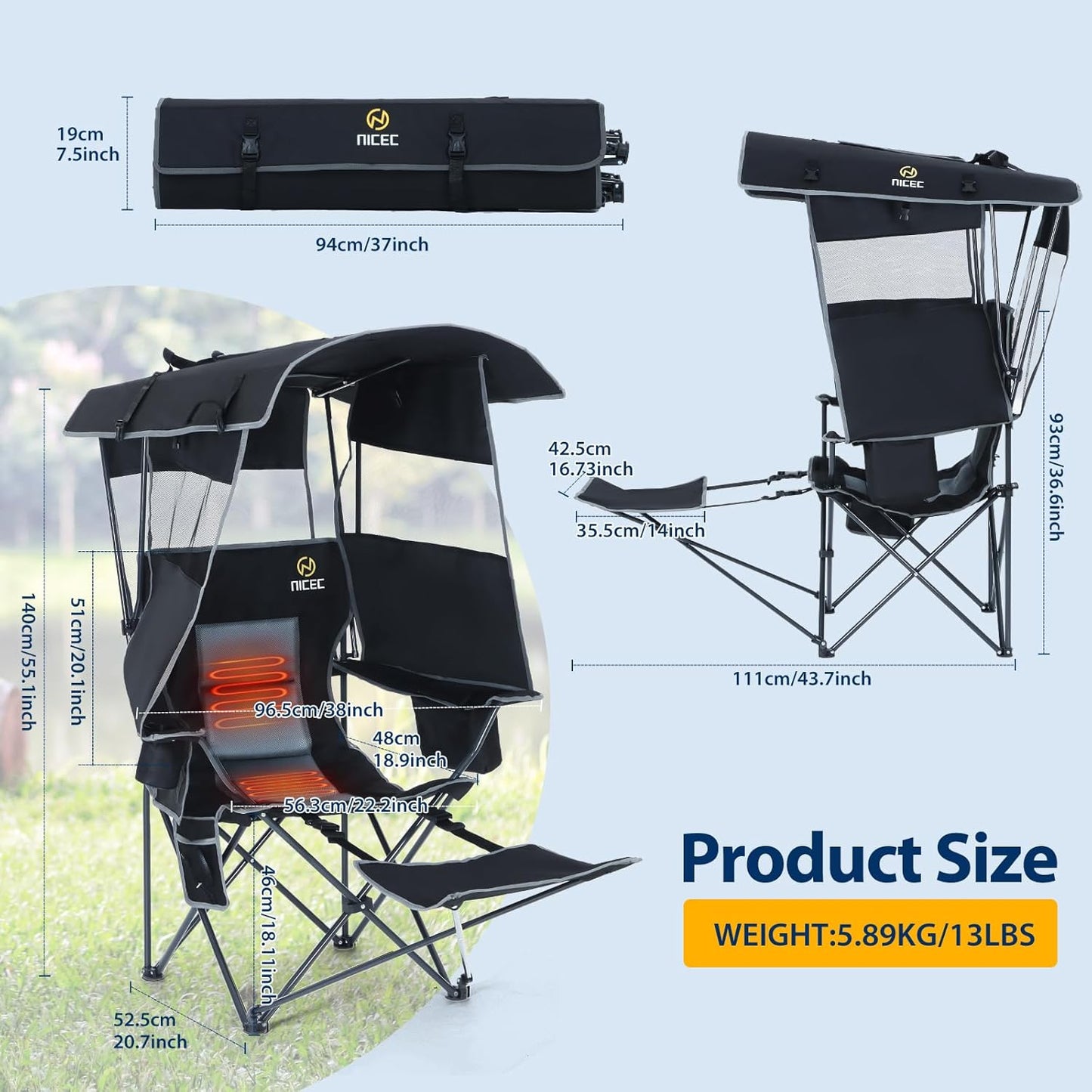 Nice C Heated Camping Chair with Canopy - Outdoor Folding Chair with Removable Footrest
