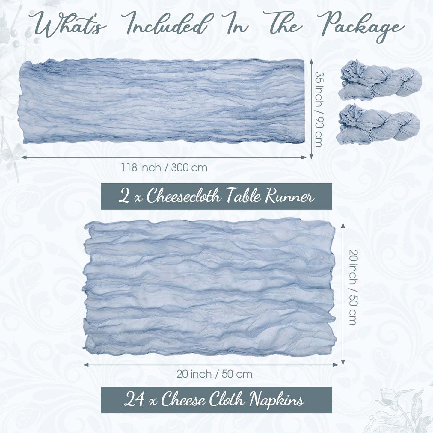 Windkream 2 Cheesecloth Table Runners and 24 Napkins Set, 10Ft Boho Cheese Cloth Table Runners 20 x 20 Inch Rustic Wrinkled Gauze Napkins for Wedding Birthday Baby Shower Party Decor (Dusty Blue)