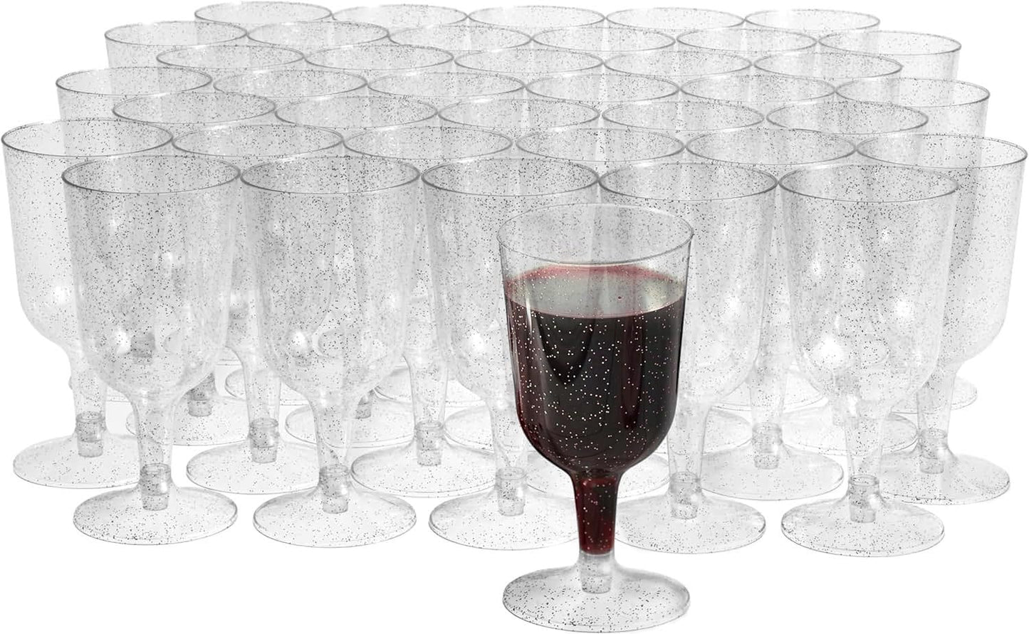 MATANA 50 Elegant Clear Hard Plastic Wine Glasses with Silver Glitter (6 oz) - Sturdy & Reusable Glasses for Cocktails, Dessert - Birthdays, Weddings, Christmas, BBQ, Picnic, Parties