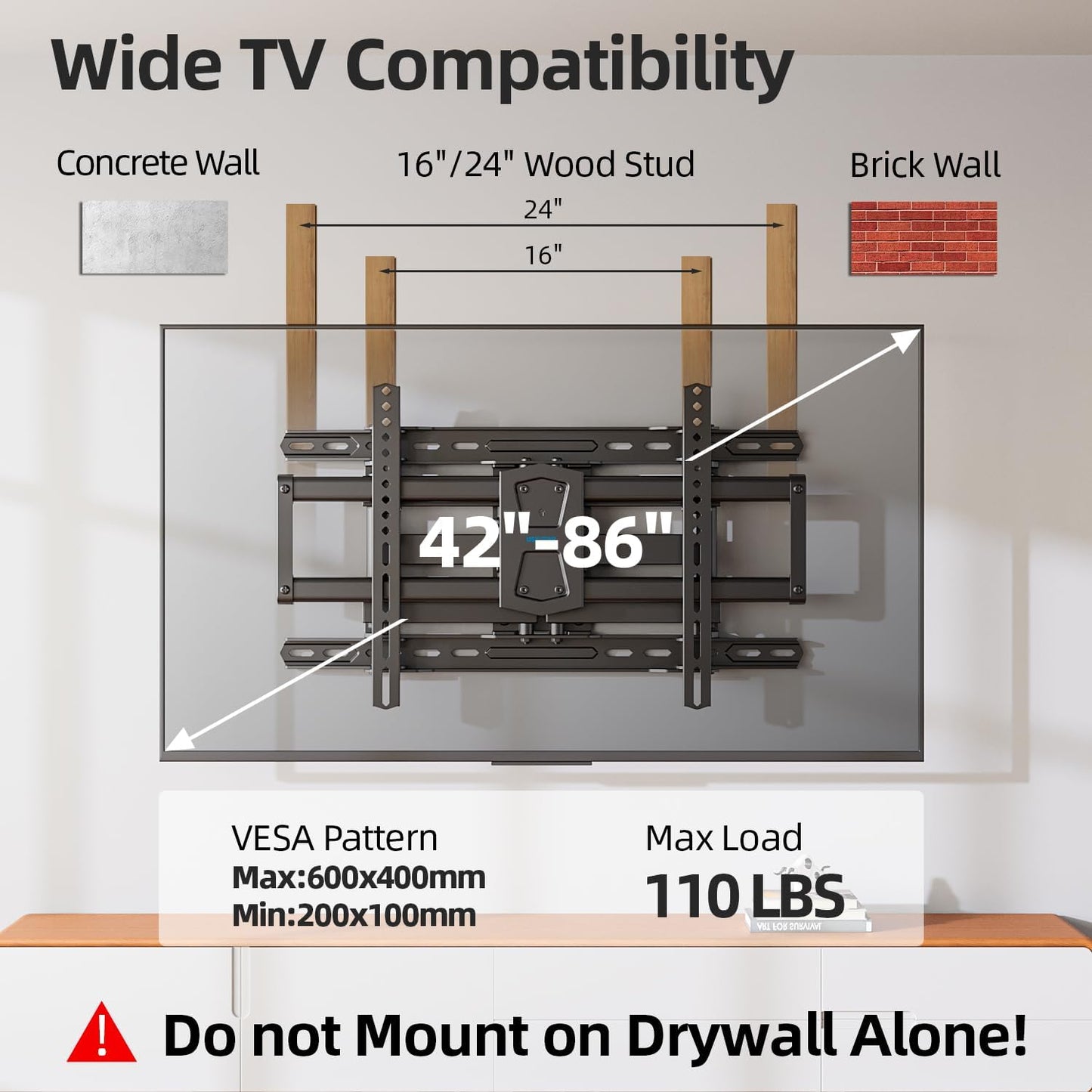 USX STAR Full Motion TV Wall Mount - Adjustable Swivel & Tilt for 42-86 Inch TVs | Supports 110 LBS, Max VESA 600x400mm