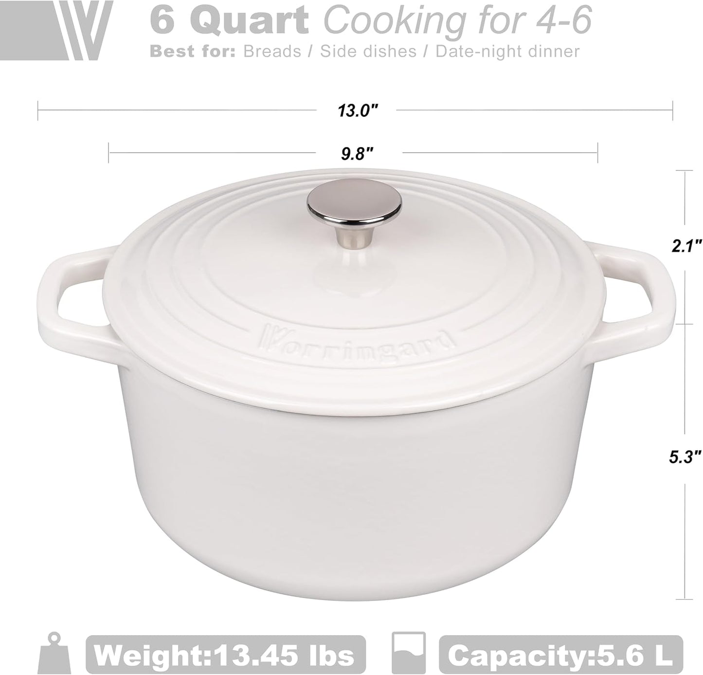 VORRINGARD Enameled Cast Iron Dutch Oven - 6QT Round Bread Baking Pot with Lid & Sourdough Set | White