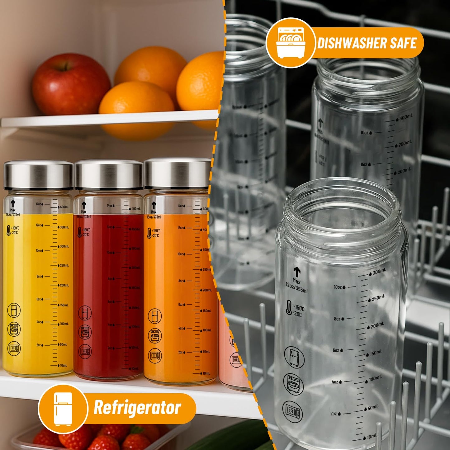 Luxfuel 12 oz Glass Juice Bottles with Lids, 6 Pack Wide Mouth Borosilicate Glass Bottles with Stainless Steel Lids, Heat-Resistant, Leakproof & Reusable for Juicing, Smoothies, Milk, Water, BPA-Free
