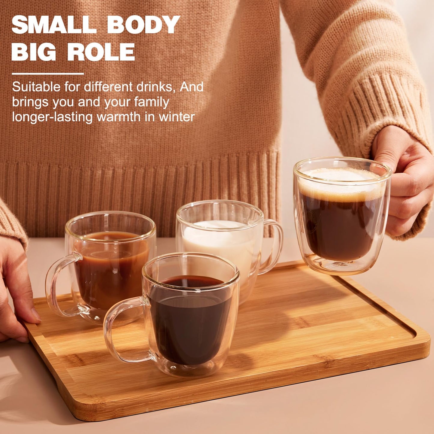 Potdoctor Double Walled Espresso Cups Set of 4, Hand Blown 5.5OZ Espresso Shots Glass, Coffee Mugs with Handle Perfect for Latte, Cappuccino, Tea