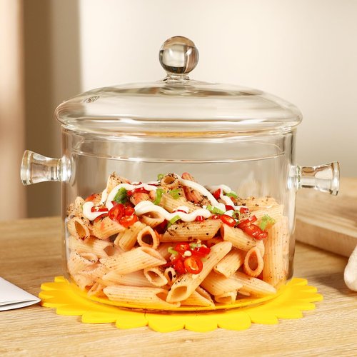 Clear Glass Cooking Pot With Lid And Brush And Silicone Hot Pads On Stove - 2L(68oz) Borosilicate Glass Simmer Pot And Pan With Cover - Glass Cookware Stovetop Pot Set For Pasta, Noodle, Soup, Milk