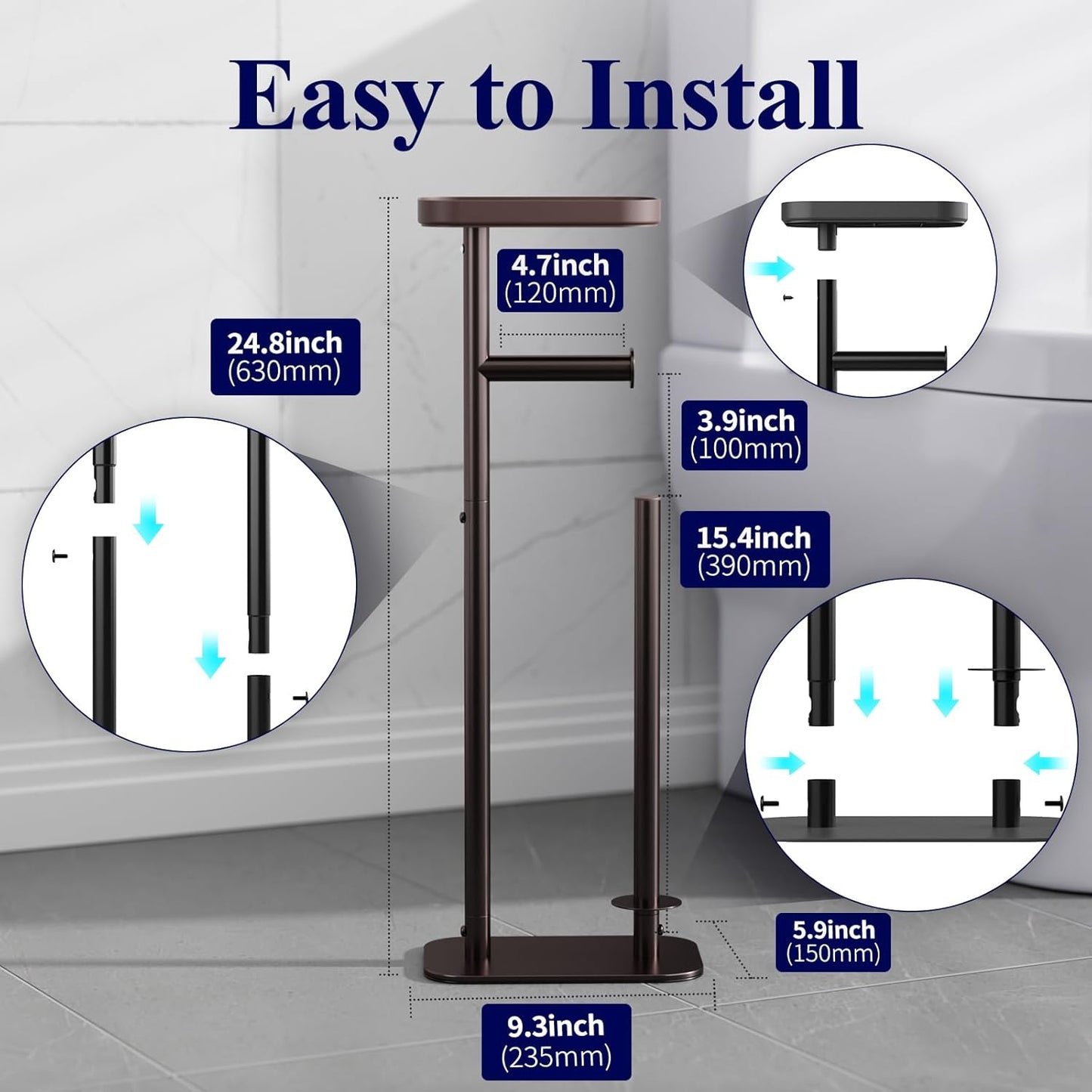 Kitsure Toilet Paper Holder - Rustproof Free Standing Stand for 4 Rolls with Anti-Slip Base & Shelf | Medium Brown
