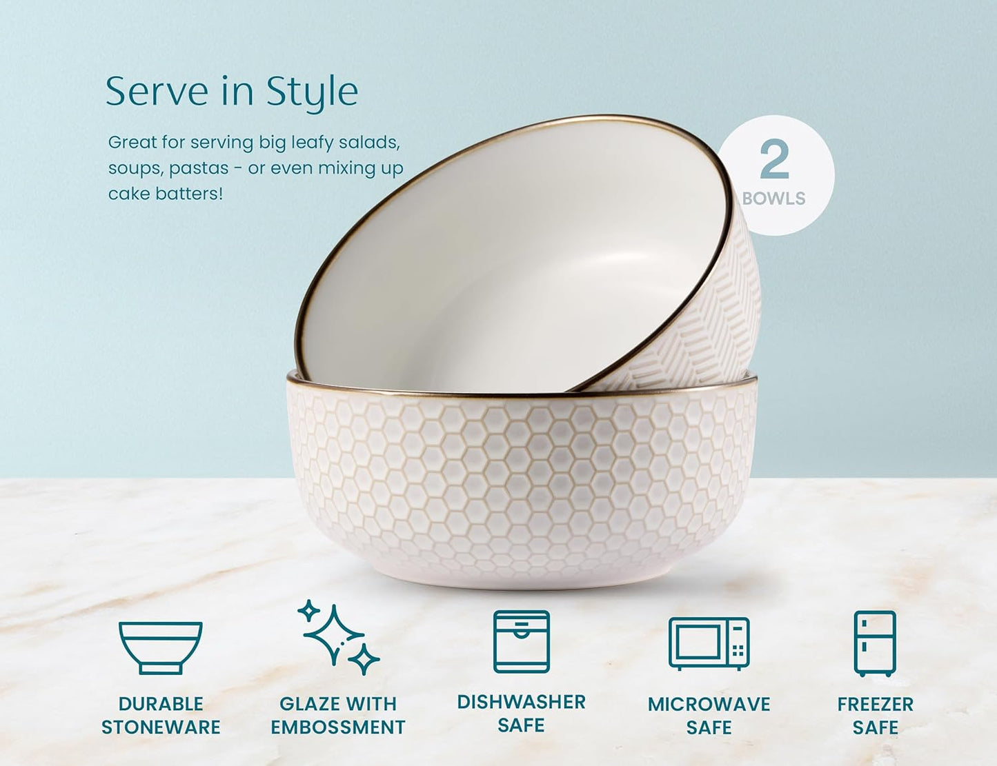 KooK Ceramic Salad Bowls - Large Embossed Kitchen Bowls, Microwave & Dishwasher Safe | Cream & Dark Copper, Set of 2, 60 oz