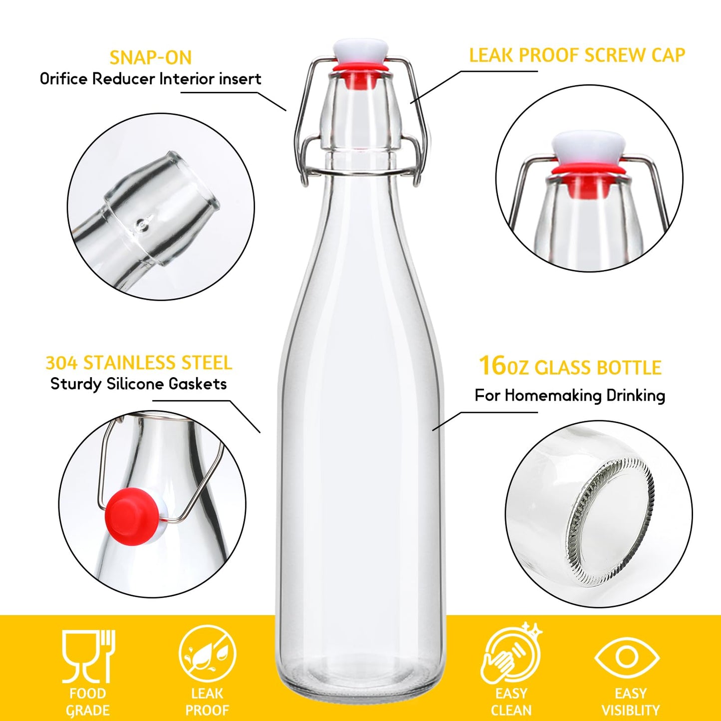 Swing Top Glass Bottles 2 Pack, 16oz/500ml Flip Top Glass Bottle,Beer Brewing Bottles with Airtight Lid for Kombucha, Mead Kefir, Vanilla Extract, Juice, Tea, Wine,DIY Containers