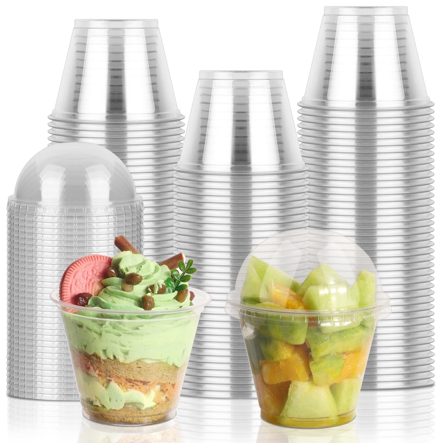 GGOLDMER 150 Pack 9 oz Clear Plastic Cups with Lids No Hole, Dessert Cups Disposable Cups with Lids for Ice Cream, Fruit, Pudding, Cake, Cold Drinks, Smoothie and Snacks, PET
