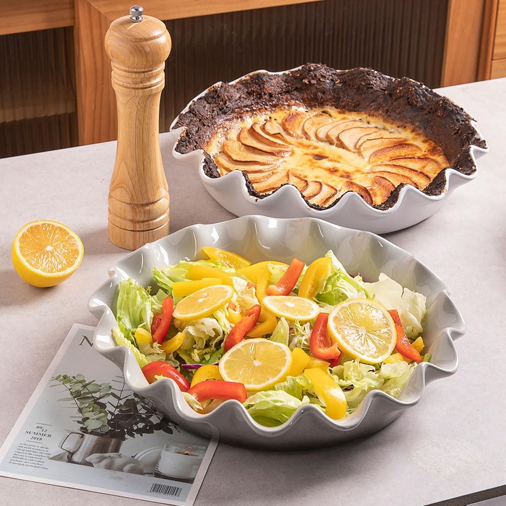 Sweejar Ceramic Pie Pan - 11.5 Inches Deep Fluted Non-Stick Baking Dish | Modern Farmhouse Design (Red)