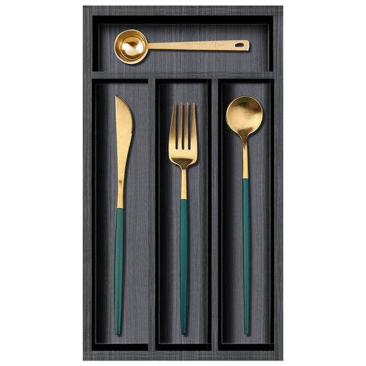 Small Silverware Organizer Narrow Wooden Cutlery Tray 12"x6.7" Spoon Kitchen Utensil Holder for Drawer Divider Bamboo Cutlery Drawer Organizers Storage Black Wood Silverware Tray Flatware Organizer