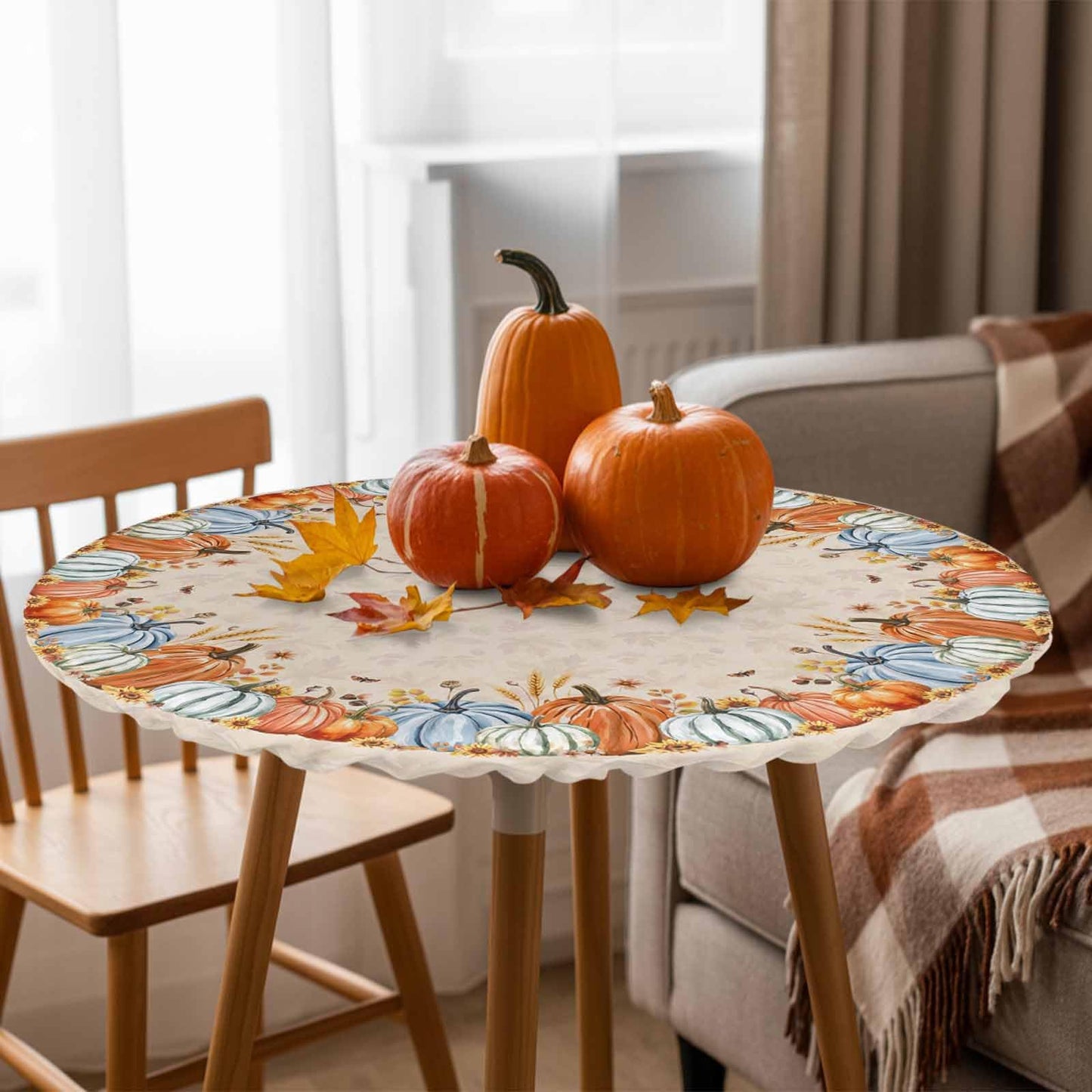 Thanksgiving Round Fitted Tablecloth 45-54inch, Autumn Pumpkin Sunflower Table Cover with Elastic Edged Waterproof Spillproof Table Cloths for Kitchen Dining Patio Holiday Tables, Fall Maple Leaves