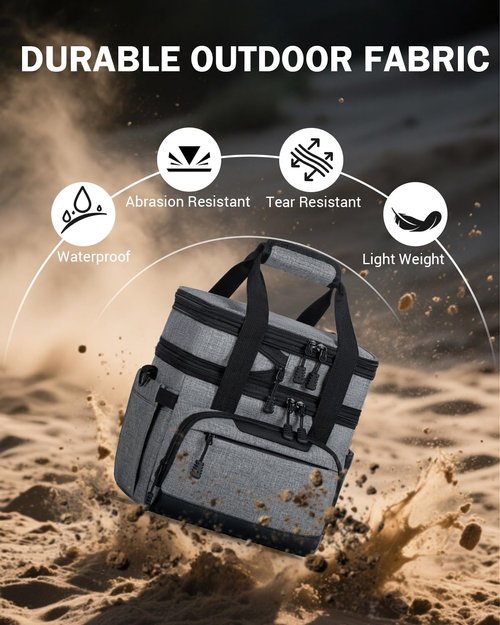 HORJONES Large Lunch Box for Men/Women Dual-Compartment Insulated Lunch Bag,Adults Expandable Leakproof Cooler Bag Lunch Tote with Adjustable Shoulder Strap for Work Camping Picnic,Grey 24-Can(14L)