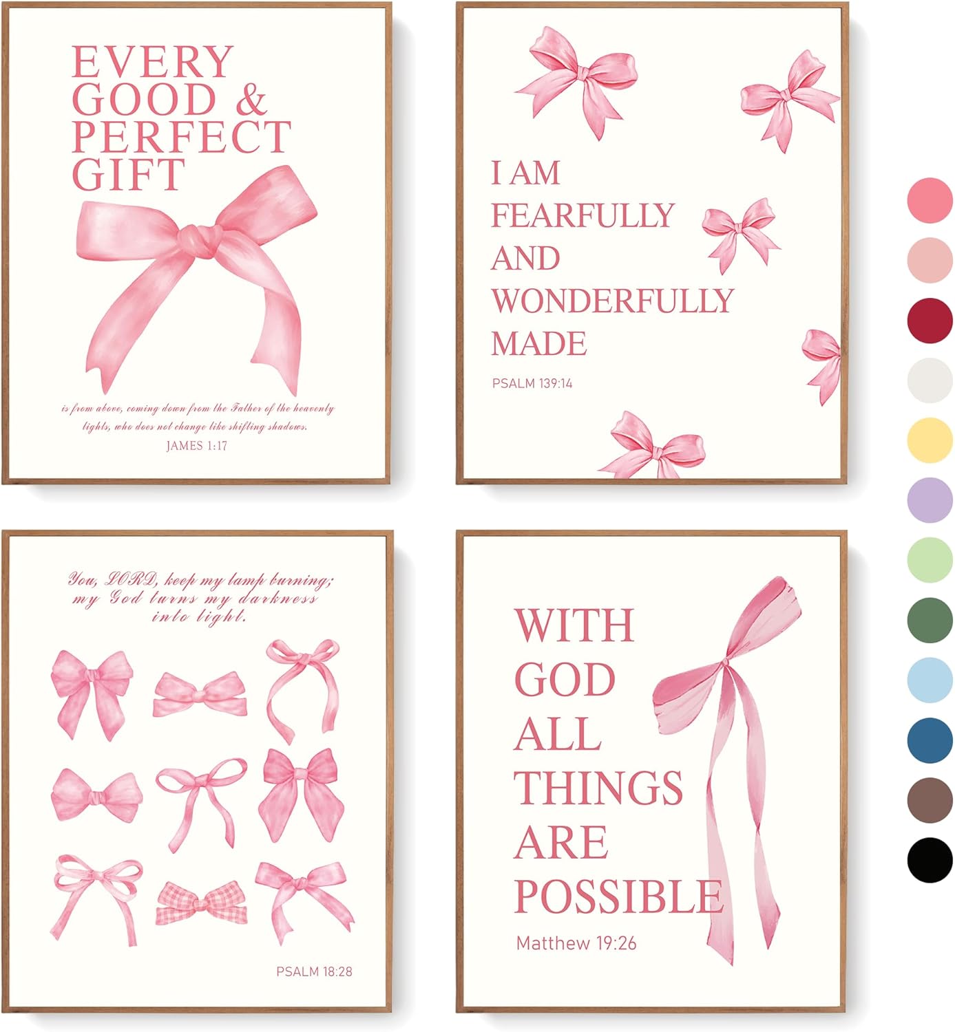 LARTSFRO Coquette Pink Bow Wall Art Decor - Inspirational Bible Verses | Set of 4 Unframed 10x8 Inch Prints for Teen Girls