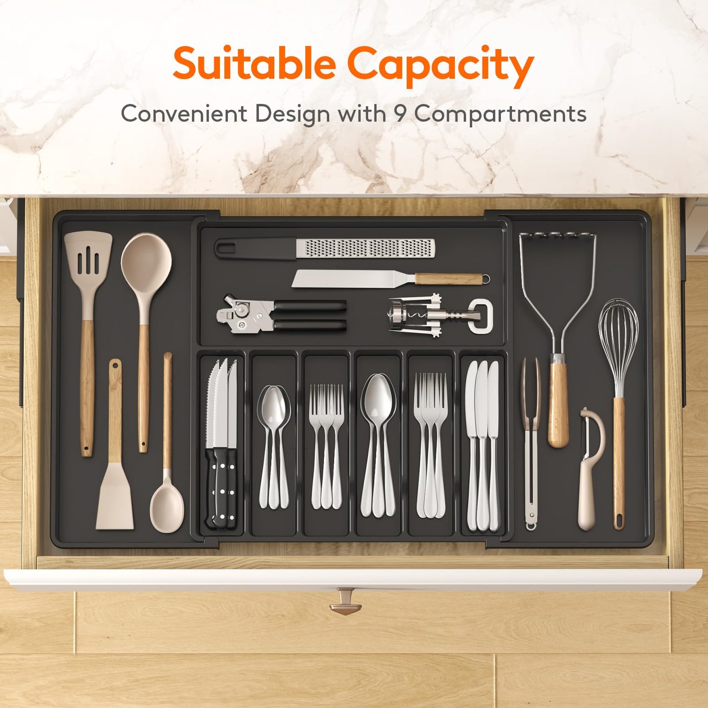 Lifewit Silverware Drawer Organizer, Expandable Utensil Tray for Kitchen, BPA Free Flatware and Cutlery Holder, Adjustable Plastic Storage for Spoons Forks Knives, 18- 33 x 18.5", Black