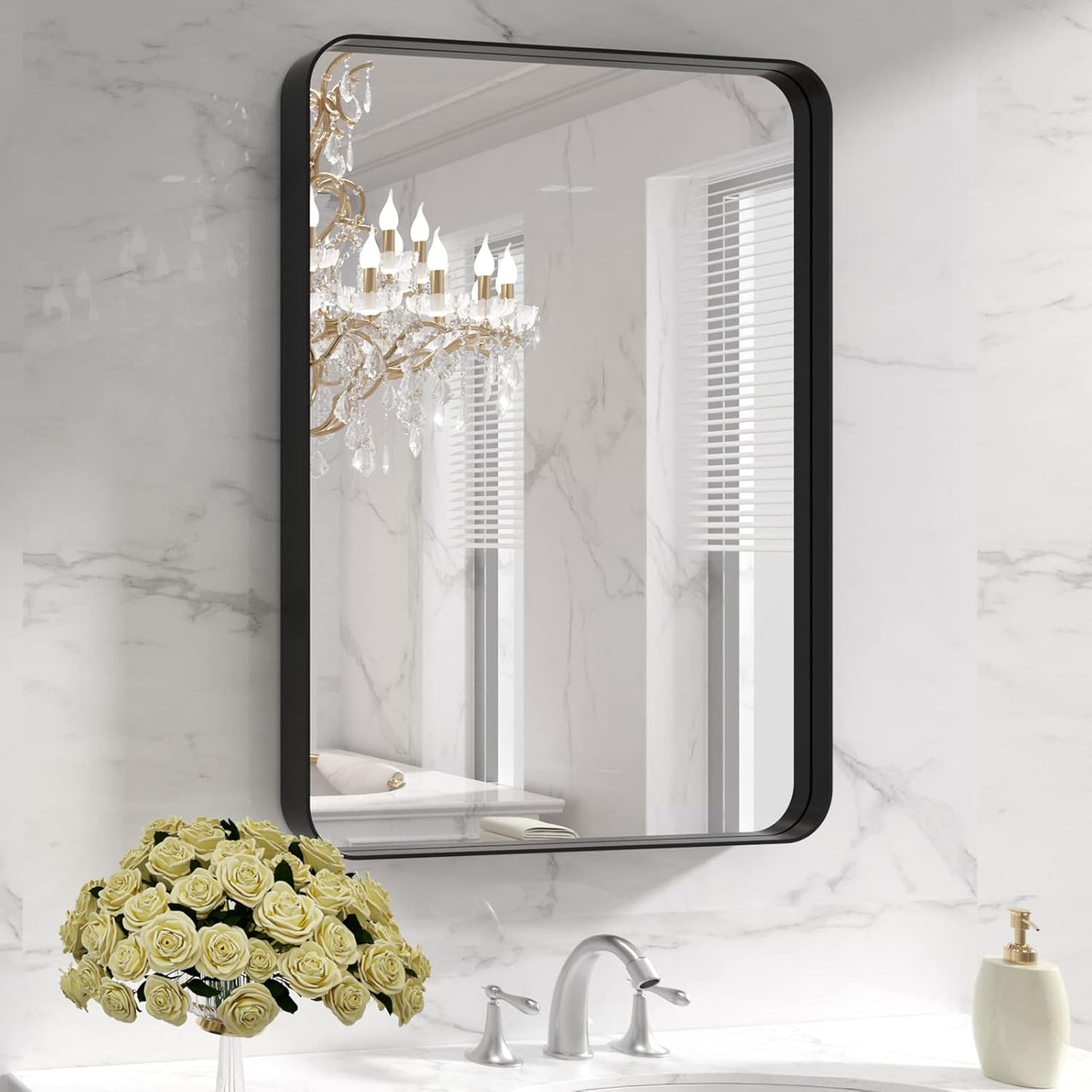 LOAAO Black Metal Framed Bathroom Mirror - 22x30 Inch Rounded Rectangle | Anti-Rust, Versatile Hanging Options