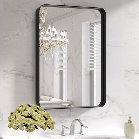 LOAAO Black Metal Framed Bathroom Mirror - 22x30 Inch Rounded Rectangle | Anti-Rust, Versatile Hanging Options
