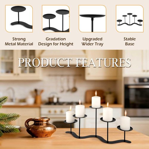 Black Iron Candelabra | 5 Arm Candle Holder Stand - Elegant Metal Centerpiece for Pillar Candles