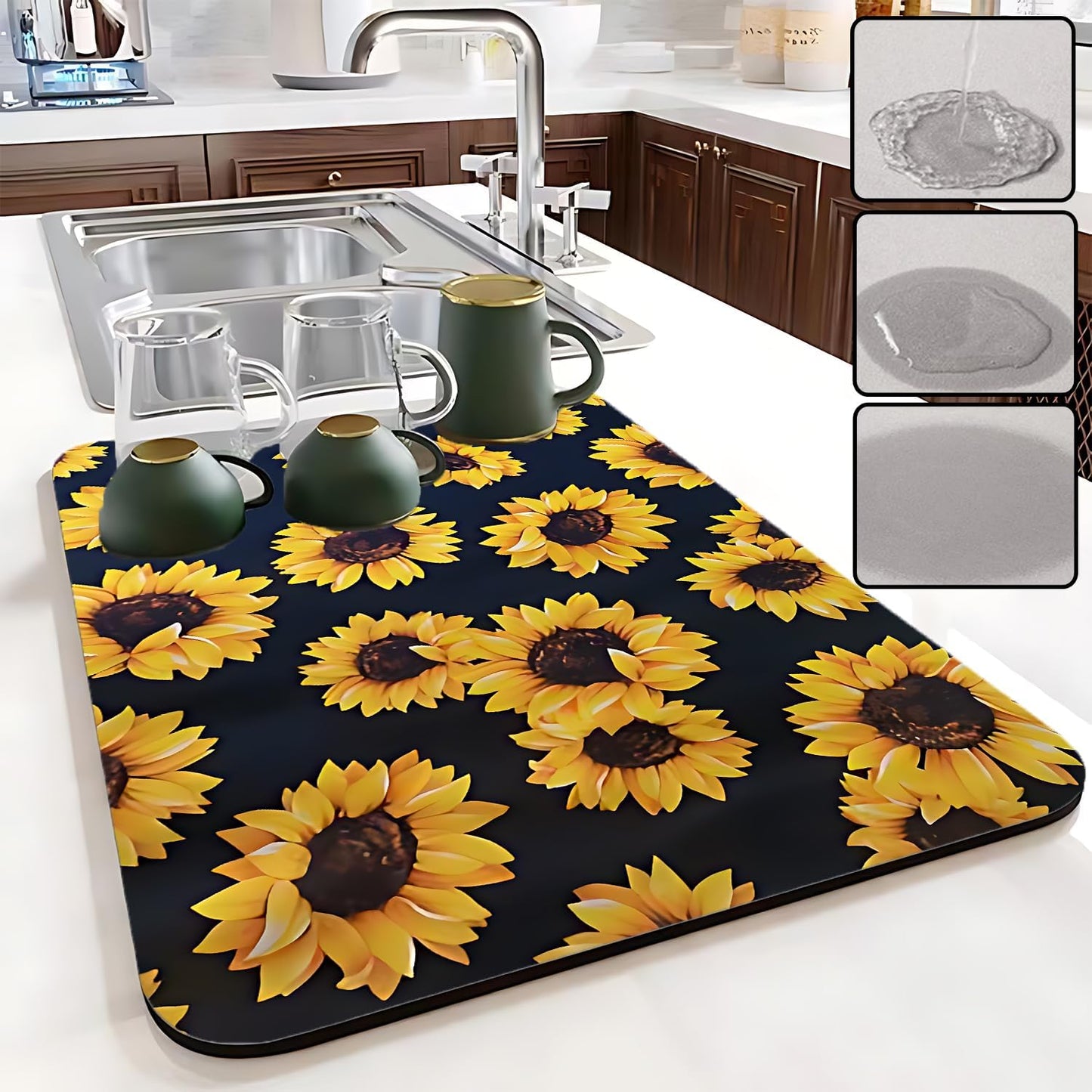 Skiennix Foldable Dish Drying Mat - Absorbent Multi-Purpose Sink Pad | Easy to Clean, Sunflower Design (12x16 Inches)