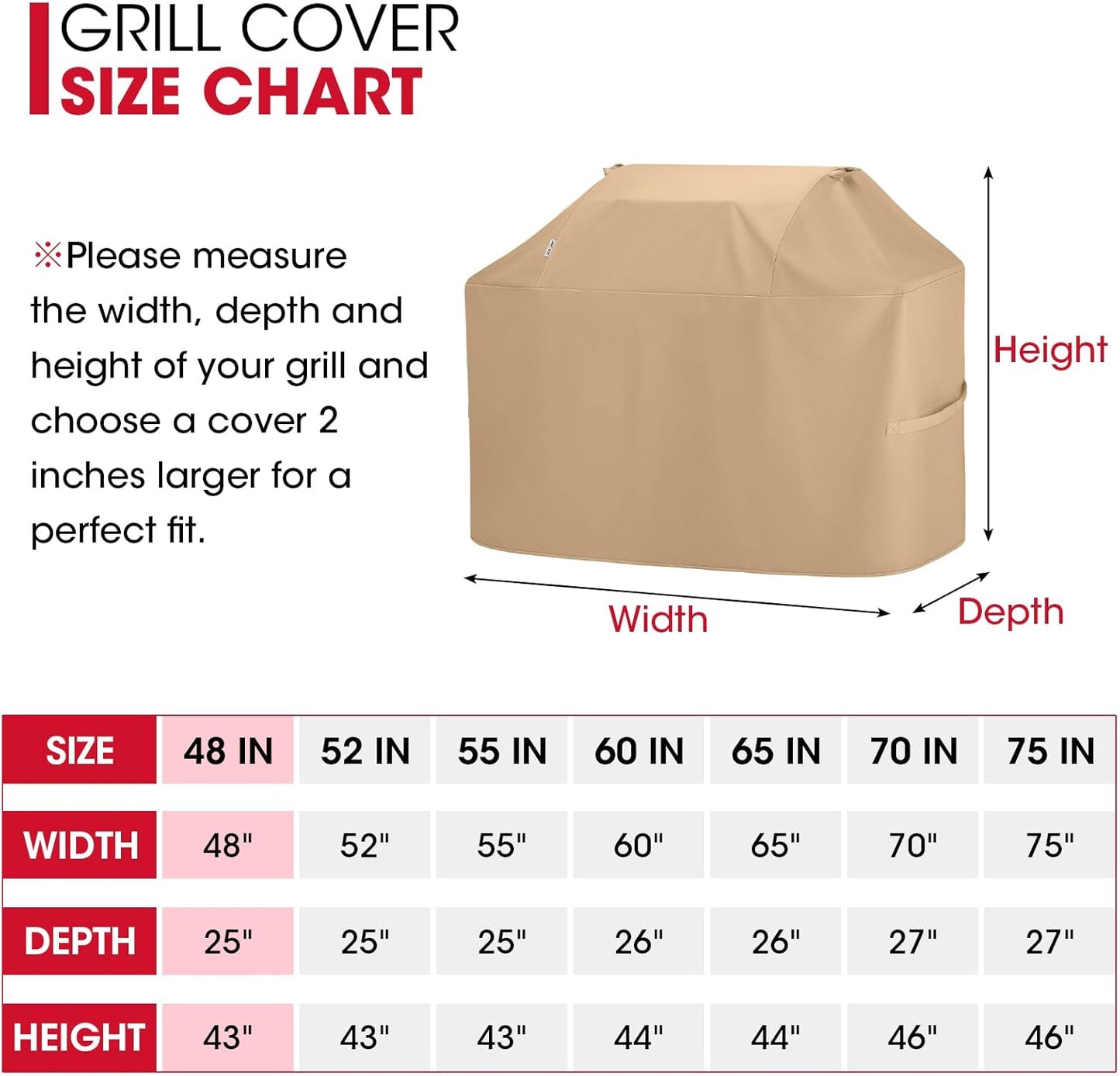Unicook BBQ Grill Cover - Heavy Duty Waterproof 48 Inch for Weber, Char-Broil & Nexgrill | All Weather Protection, Light Brown