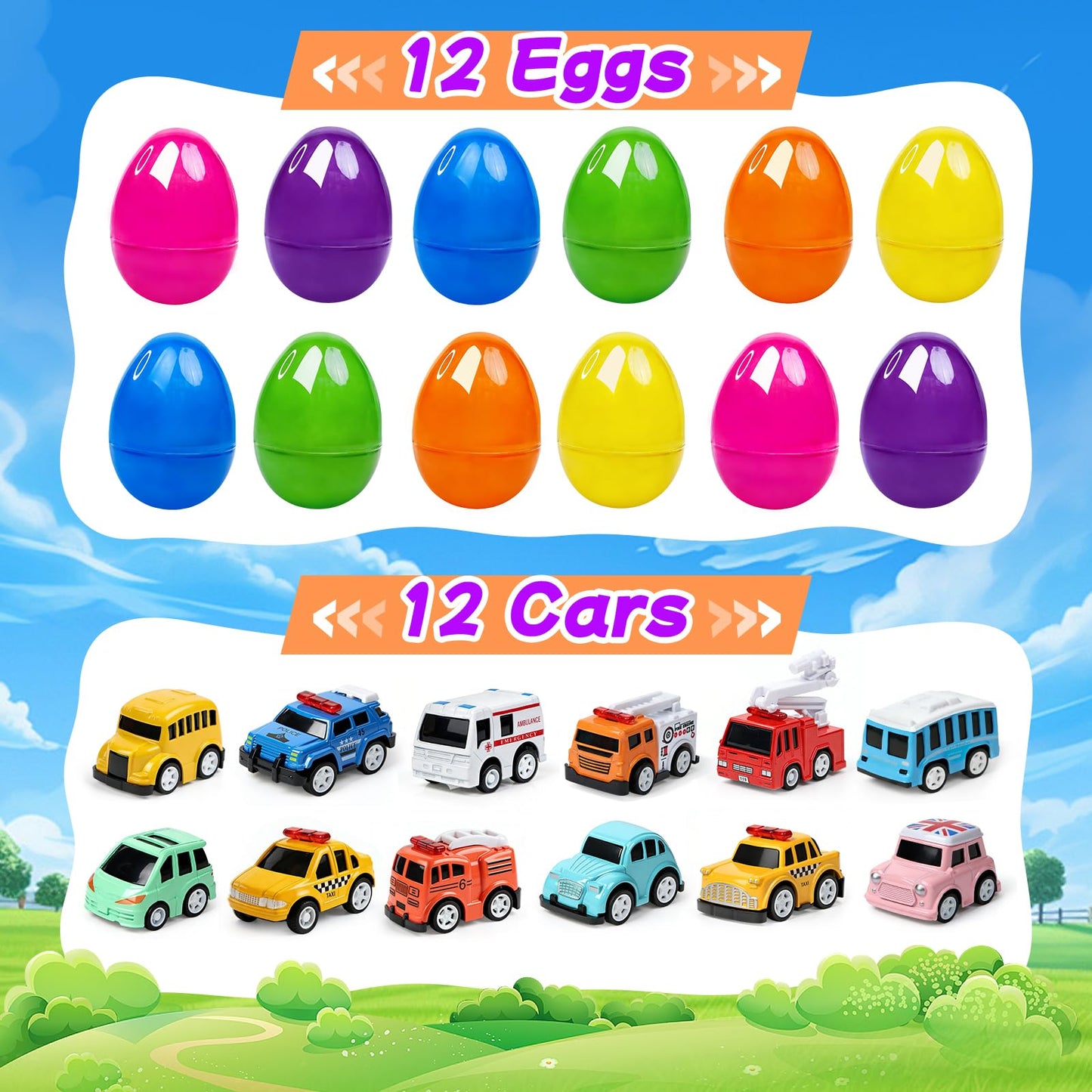12 Pcs Prefilled Easter Eggs with Mini Cute Pull Back Alloy Car Toys for Toddlers Kids Easter Basket Stuffers Egg Hunt Party Favors Classroom Prizes for Boys and Girls
