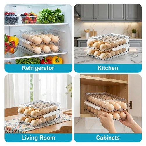 2 Tier Egg Holder for Refrigerator with Lid, Large Capacity Holds 36 Eggs in Clear Plastic Container Stackable Bin Organizer for Kitchen Storage, Refrigerator