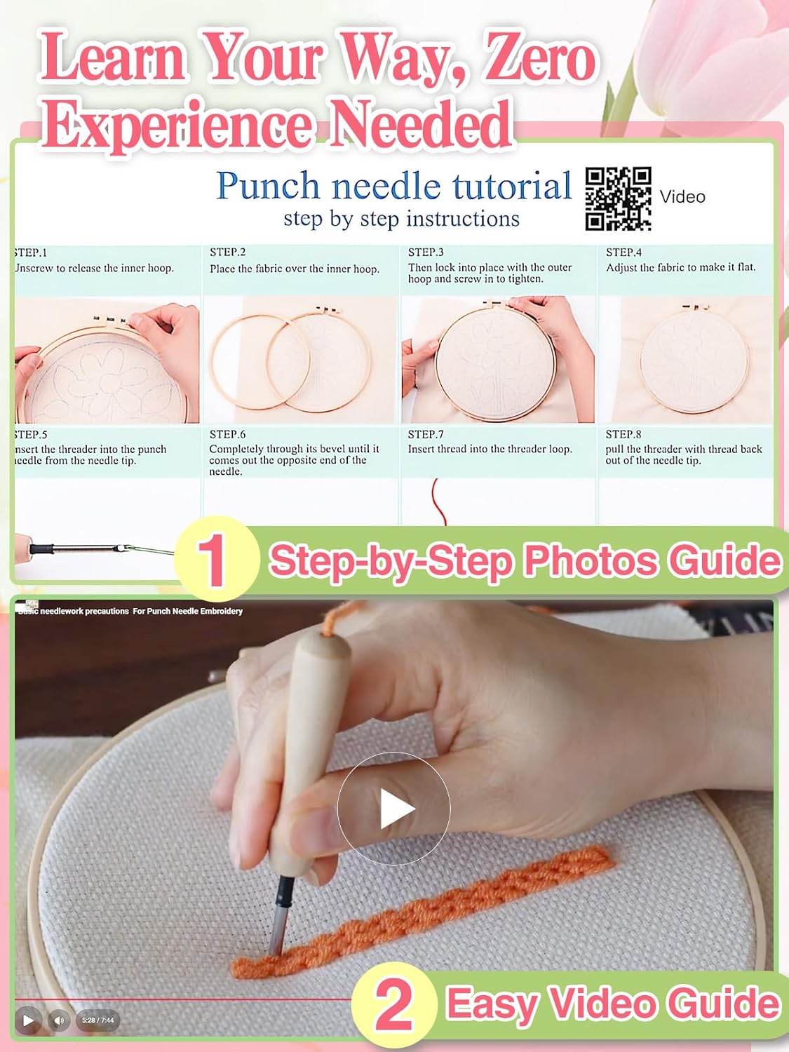 Tulip Punch Needle Kit for Beginners - Step-by-Step Guide & Video, Complete with Fabric, Hoop, Needle, and Yarns
