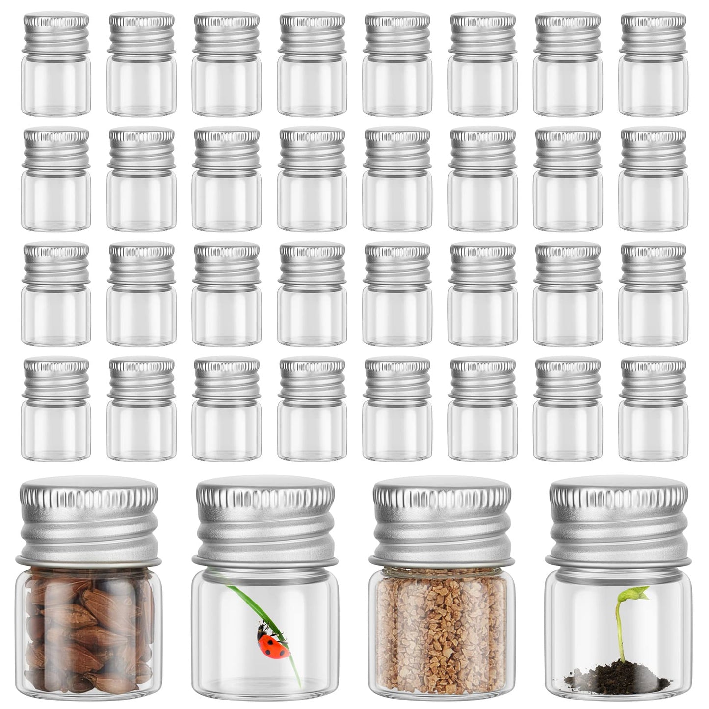 Tessco for you 100 Pcs 5 ml Mini Glass Bottles with Aluminum Cap Tiny Jars Mini Glass Jars Small Clear Vials with Screw Caps Tiny Containers for DIY Craft Storage (Silver)