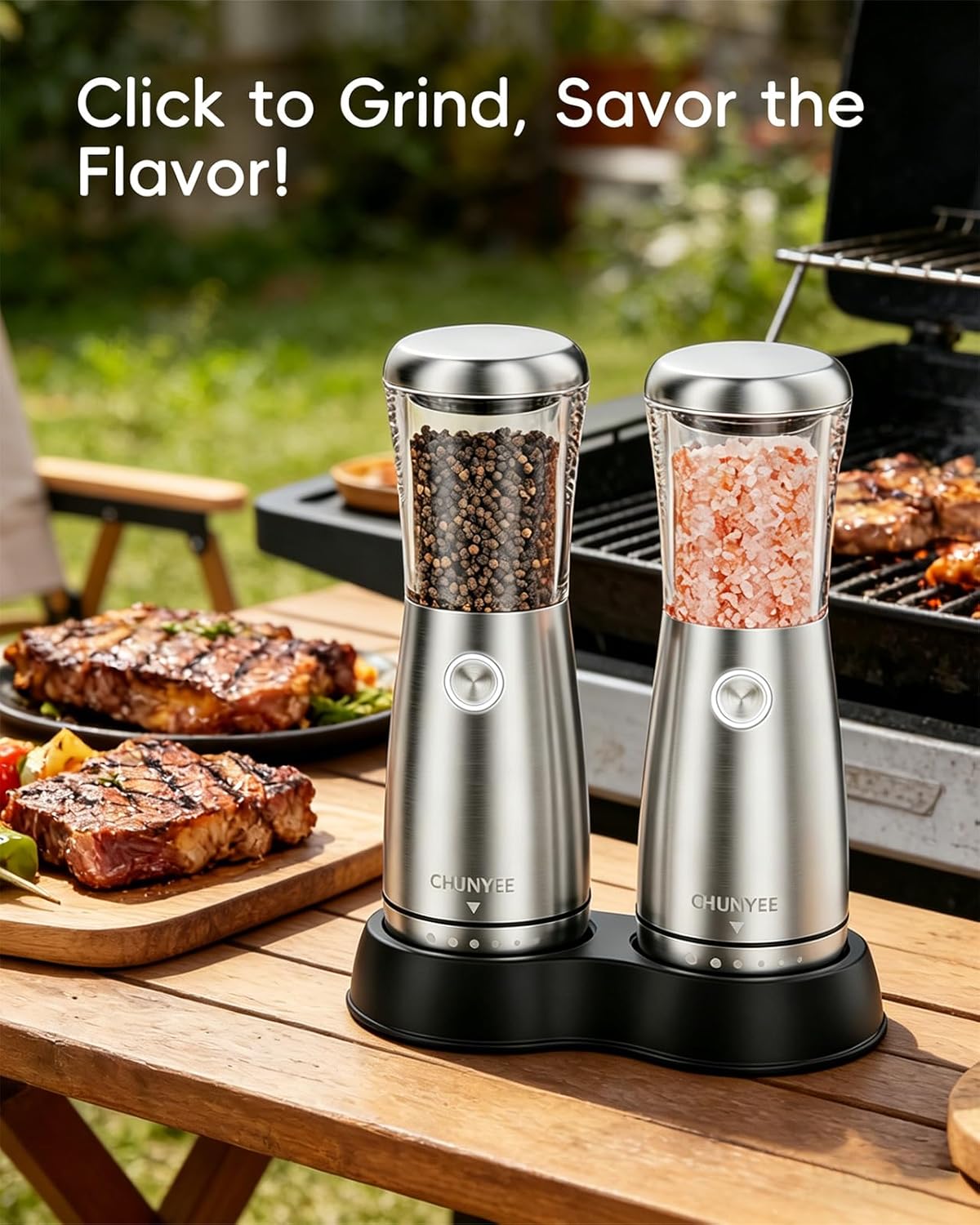 Skiennix Electric Salt and Pepper Grinder Set - Automatic Stainless Steel with LED Light & Adjustable Coarseness