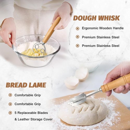 **Sourdough Proofing Basket Set - 9" Round & 10" Oval Banneton with Bread Lame, Danish Whisk & Scrapers**