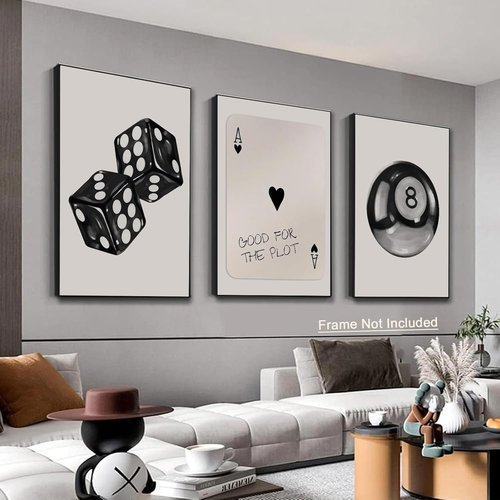BOKPEN Black and White Poker Dice Wall Art - Retro Y2K Canvas Prints for Game Room | 12x16in Unframed