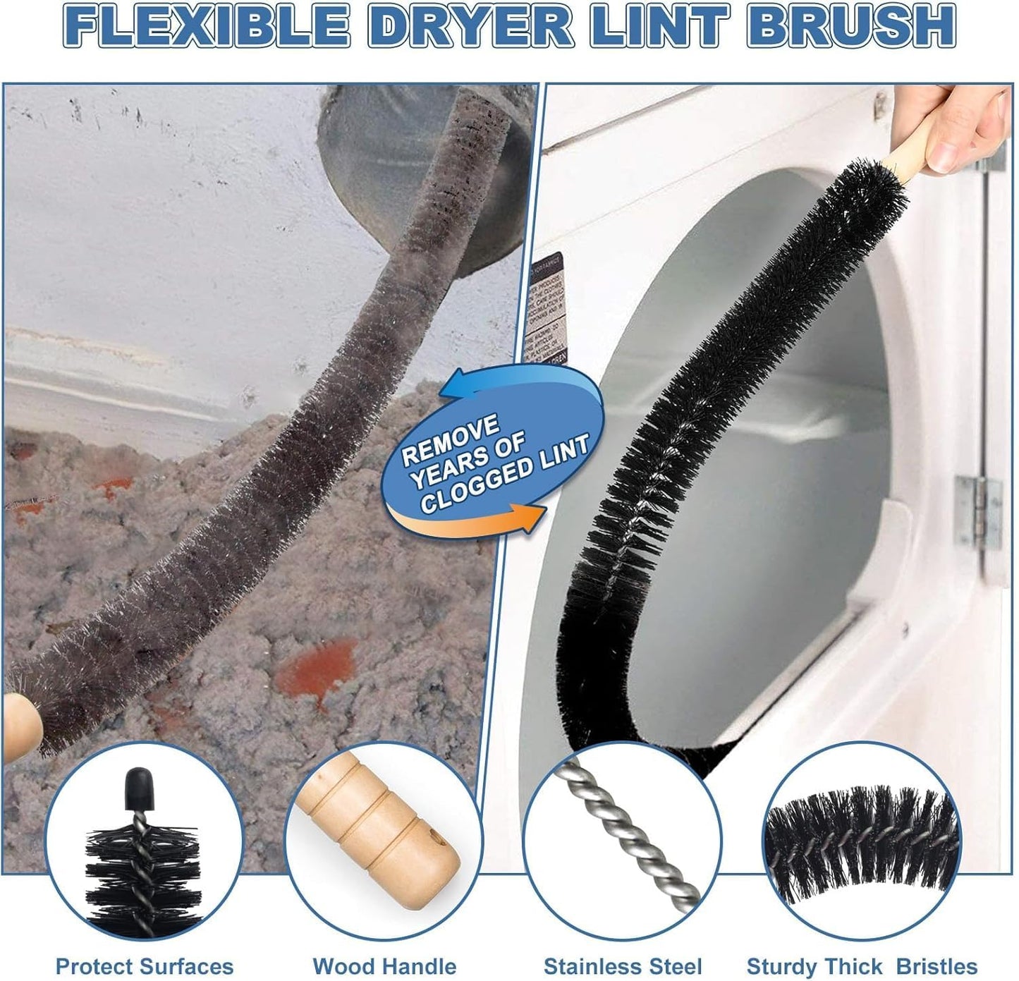 Skiennix Dryer Vent Cleaner Kit - 2 Pieces with Lint Brush & Vacuum Hose Attachment | Universal Connector