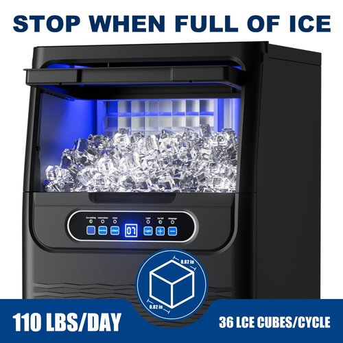 Ice Maker Commercial Ice Machine 110Lbs/Day Freestanding Stainless Steel Upon Counter Ice Maker with Scoop Water Filter Pipes for Restaurant Offices Bars Home (110 Lbs/24H)