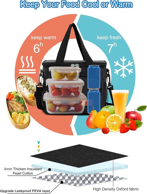 Femuar Insulated Lunch Box - Leakproof Reusable Cooler Bag for Work & Picnic - Adjustable Strap | Black
