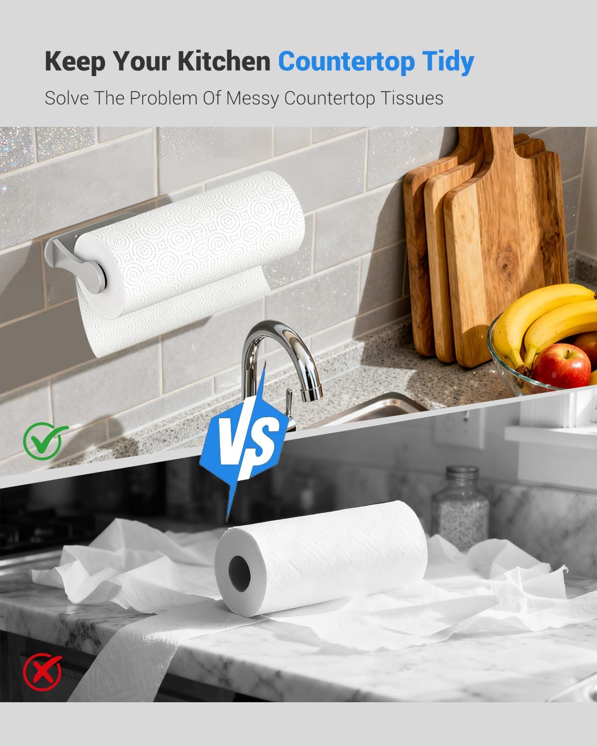 Skiennix Paper Towel Holder - One-Handed Tear Wall Mount | Adhesive Silver Design for Kitchen & Bathroom