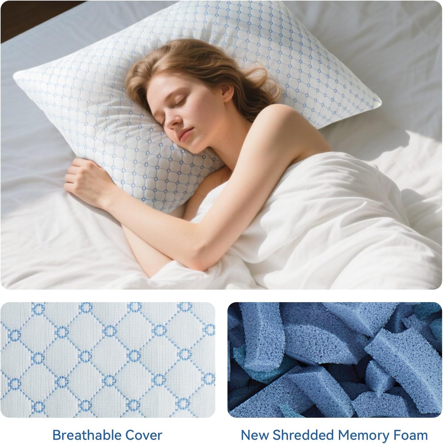 Skiennix Cooling Bed Pillows - Shredded Memory Foam for Neck Support | Adjustable Queen Size 2-Pack