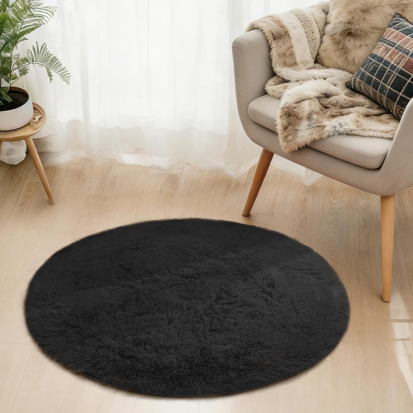 Lifup Soft Fluffy Round Area Rug - Cozy Plush Shaggy Circle Carpet for Living Room & Bedroom - Black 2.0 Feet