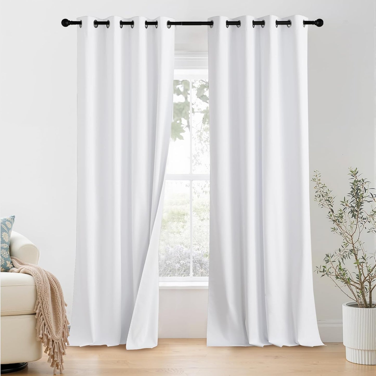 NICETOWN 100% Blackout Window Curtain Panels - Thermal Insulated, 96-Inch Length, Snow White, Set of 2