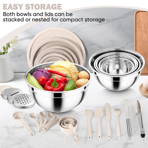 E-far 25PCS Mixing Bowls with Lid Set, Stainless Steel Nesting Prep Bowls with Grater Attachments Non-Slip Bottoms for Cooking, Serving, Food Storage, 4.6/2.6/2/1.5/1/0.7QT - Khaki