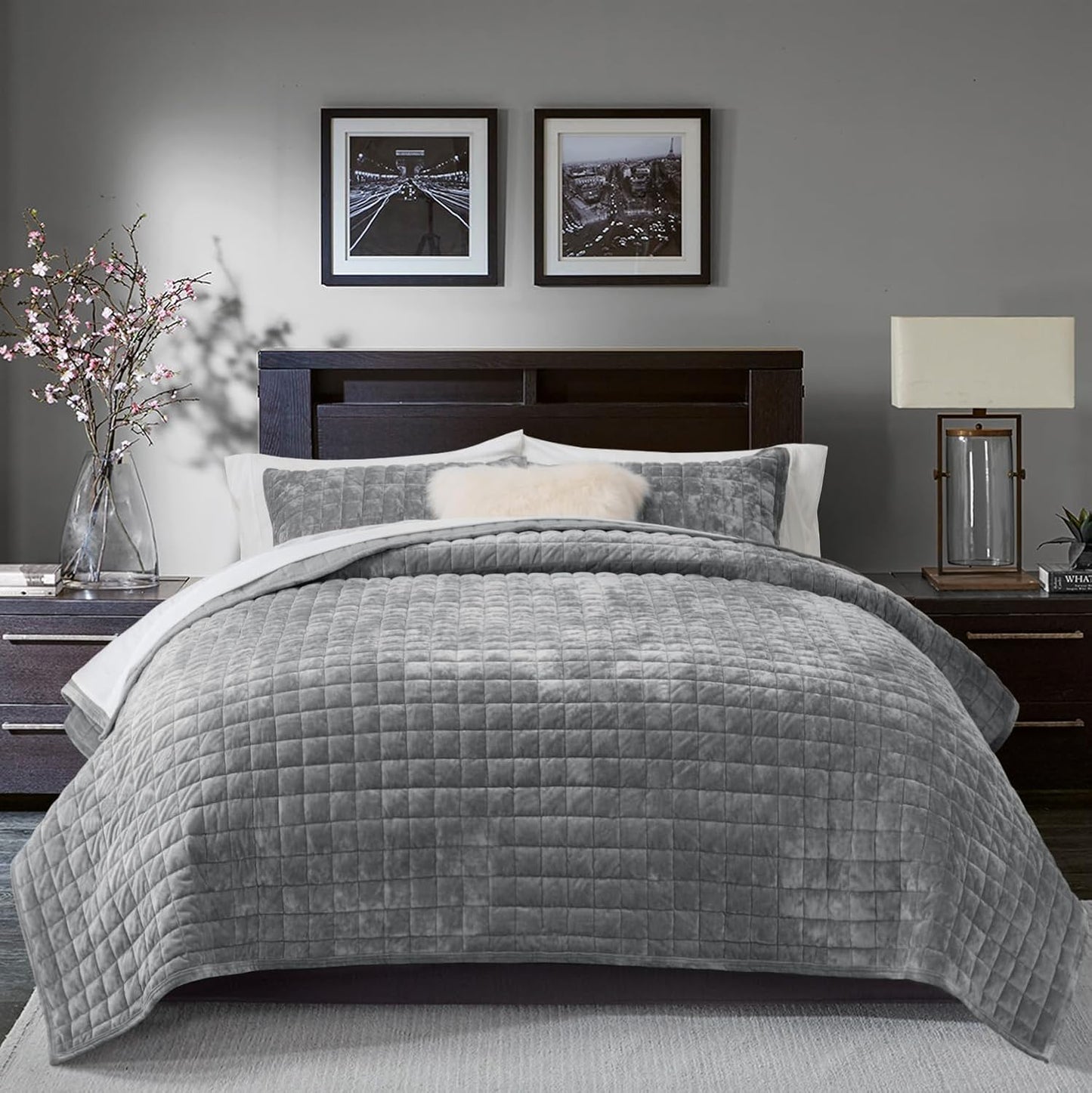 RECYCO Luxury Velvet Quilt Set - King Size Lightweight Comforter with 2 Matching Pillow Shams | Gray All-Season Bedding