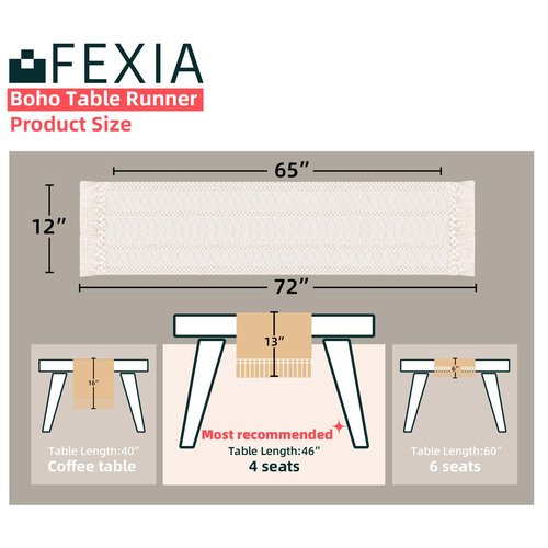 Fexia Table Runner with Tassels Boho Macrame 72 Inches Long Cream Rustic Table Runner for Home Farmhouse Bohemian Dining Bedroom Decor Baby Bridal Shower(12x72 Inches)