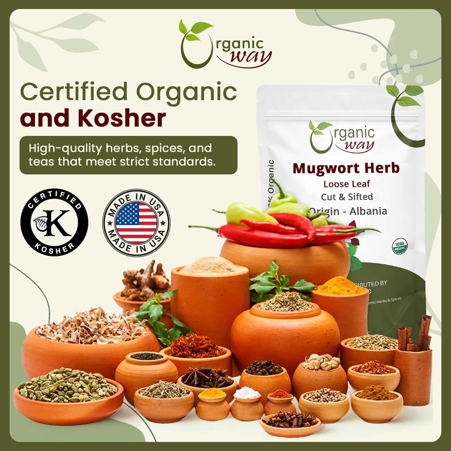 Organic Way Mugwort Herb Loose Leaf Cut & Sifted (Artemisia Vulgaris) Herbal Tea | Kosher & USDA Certified | Vegan, Non-GMO & Gluten Free | Raw from Albania (16 Ounce (pack of 1))