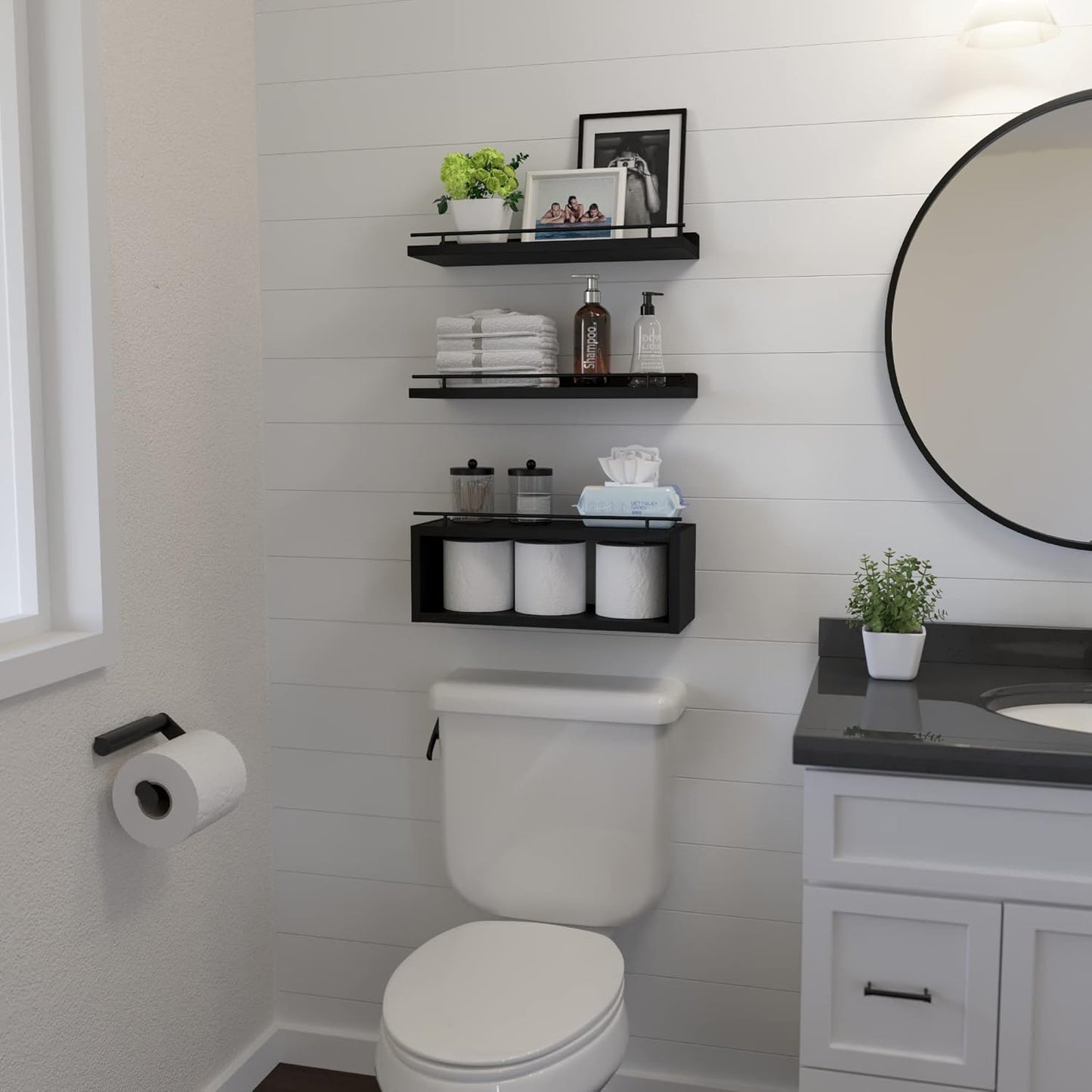 WOPITUES Floating Wall Shelves - Stylish Cube Shelf with Metal Rail for Bathroom Storage | Black