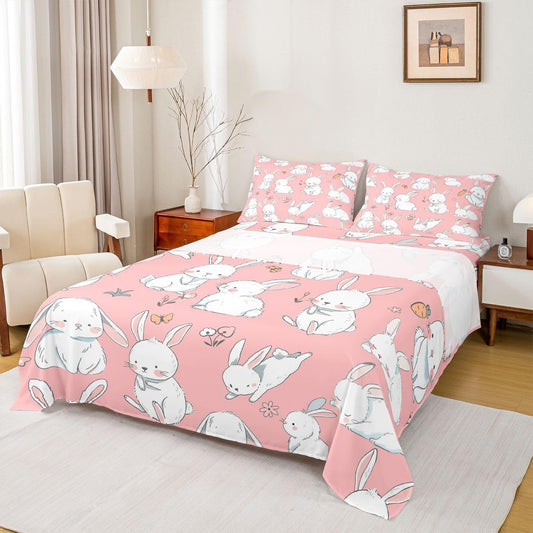 Erosebridal Cute Rabbit Sheet Set Cartoon Bunny Rabbit Pink Fitted Sheet Groovy Flowers Print Bed Sheets Easter Decor Flat Sheet for Kids Boys Girls King Size with 2 Pillowcases