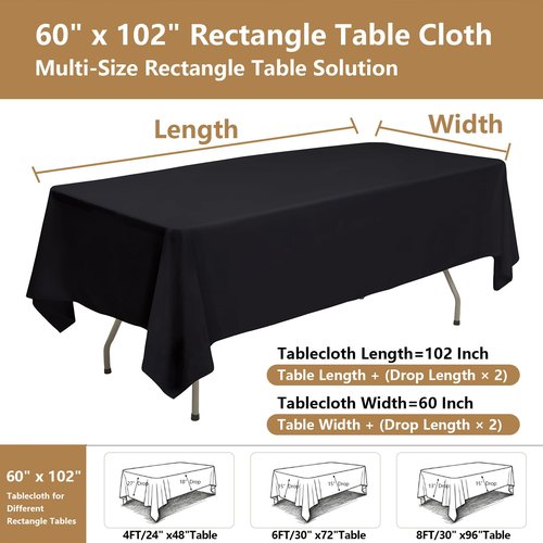 ITWMTTO Black Tablecloths Rectangular 10-Pack, 60x102 Inch Table Cloths for 6 Foot Rectangle Tables, Heavy-Duty Polyester Fabric - Stain Resistant Reusable & Washable