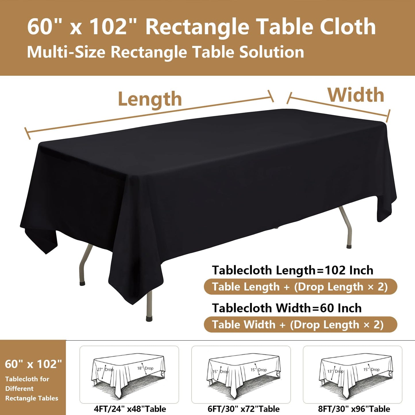 ITWMTTO Black Tablecloths Rectangular 10-Pack, 60x102 Inch Table Cloths for 6 Foot Rectangle Tables, Heavy-Duty Polyester Fabric - Stain Resistant Reusable & Washable