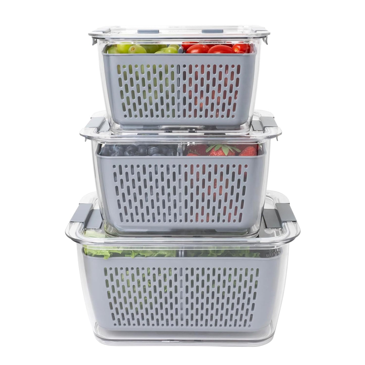 Kitchen Spaces Stackable Fridge Storage Containers - Fresh Produce Organizer | 3 Sizes with Snap Seal Lids