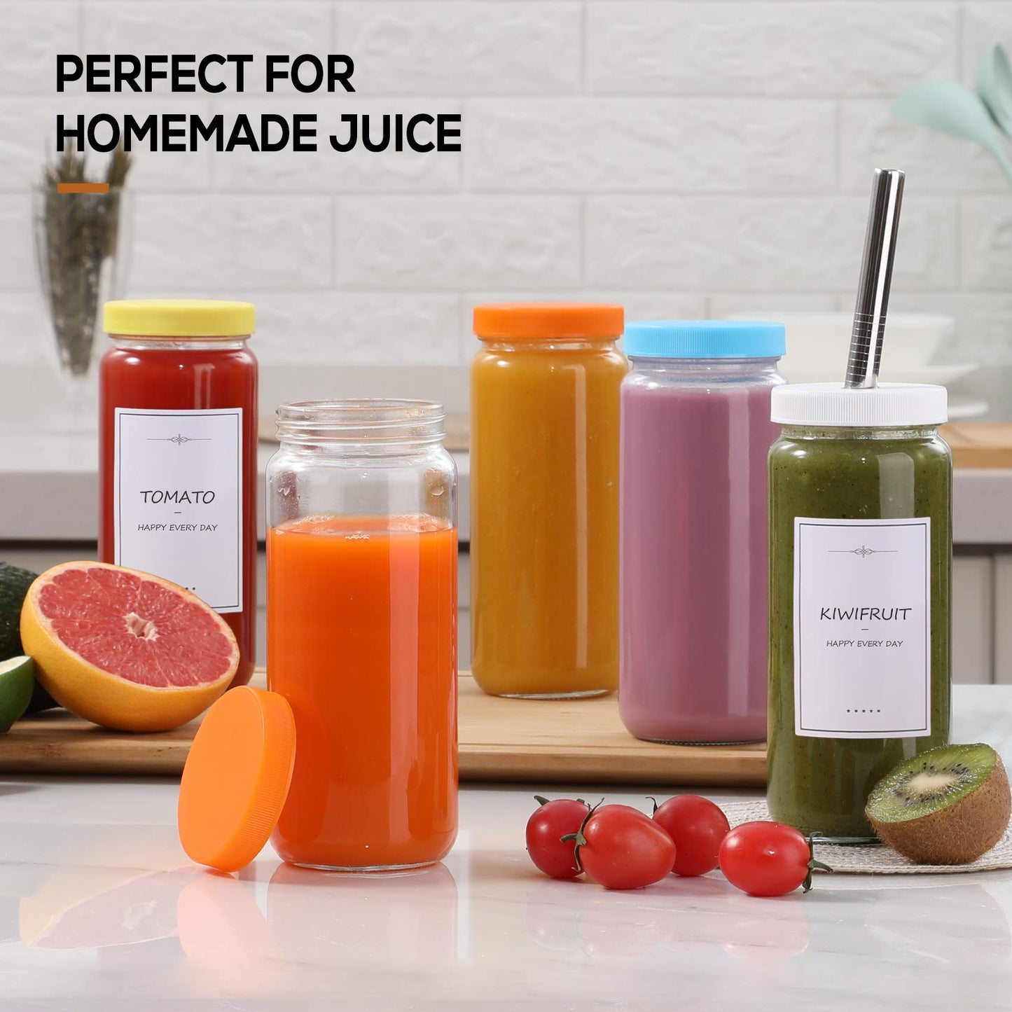 8 Pack Glass Juicing Bottle Drinking Jars with 2 Straws & 2 Lids w Hole- 16 OZ Travel Water Cups with Colored Airtight Lids, Reusable Tall Mason Jar for Juice, Bubble Tea, Smoothie, Tea, Kombucha