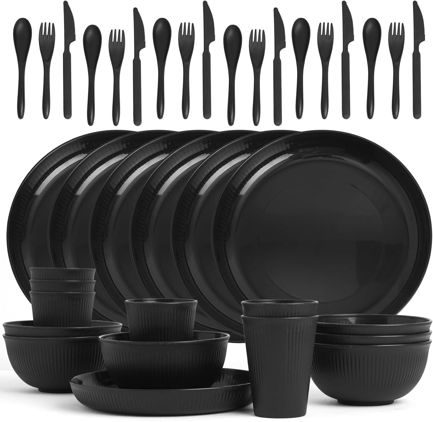 Skiennix 36-Piece Wheat Straw Dinnerware Set - Unbreakable Plates, Bowls & Cups | Dishwasher & Microwave Safe, Black