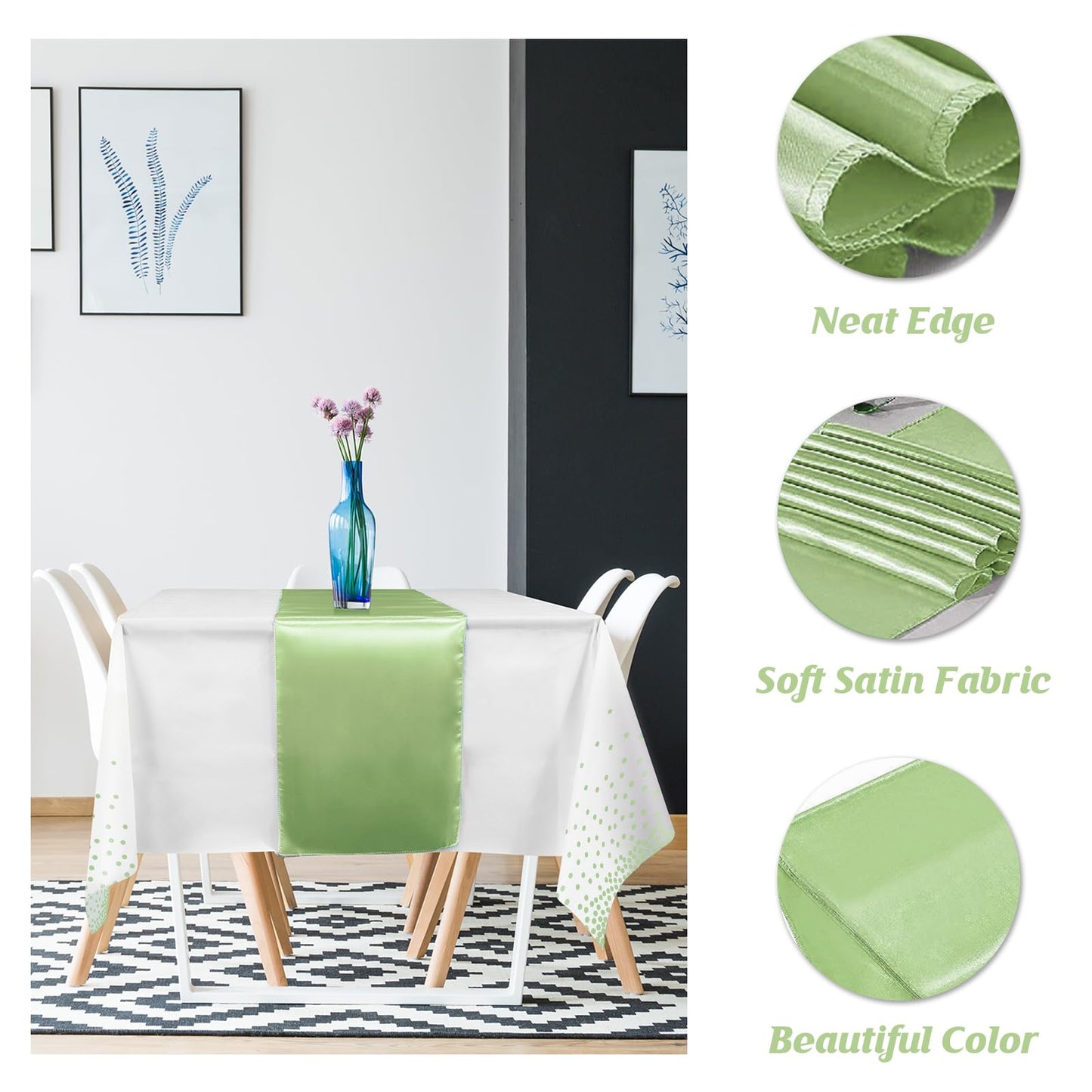 8Pack Plastic Tablecloths and Satin Table Runner Set Disposable White and Sage Green Dot Table Cloth Green Satin Table Runner for Wedding Birthday Baby Shower Anniversary Holiday Party Decorations