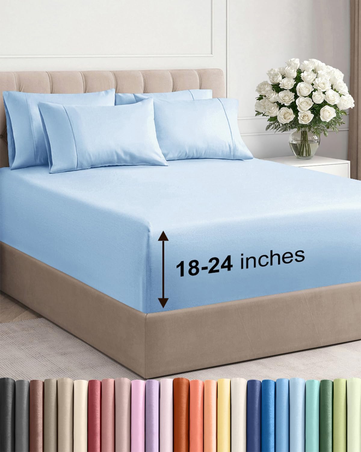 Skiennix Extra Deep Full Sheet Set - 6 Piece Breathable Cooling Sheets | Luxury Hotel Bedding - Light Blue